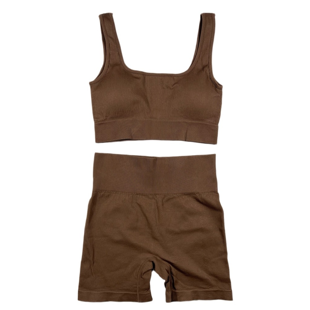 QQQ Seamless Ribbed Brown Set | Sports Bra + Biker Shorts | Size M | NWOT